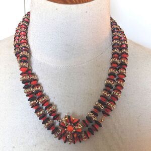 Vintage Double Wrap 38" Red Black and Gold Necklace with Central Florette